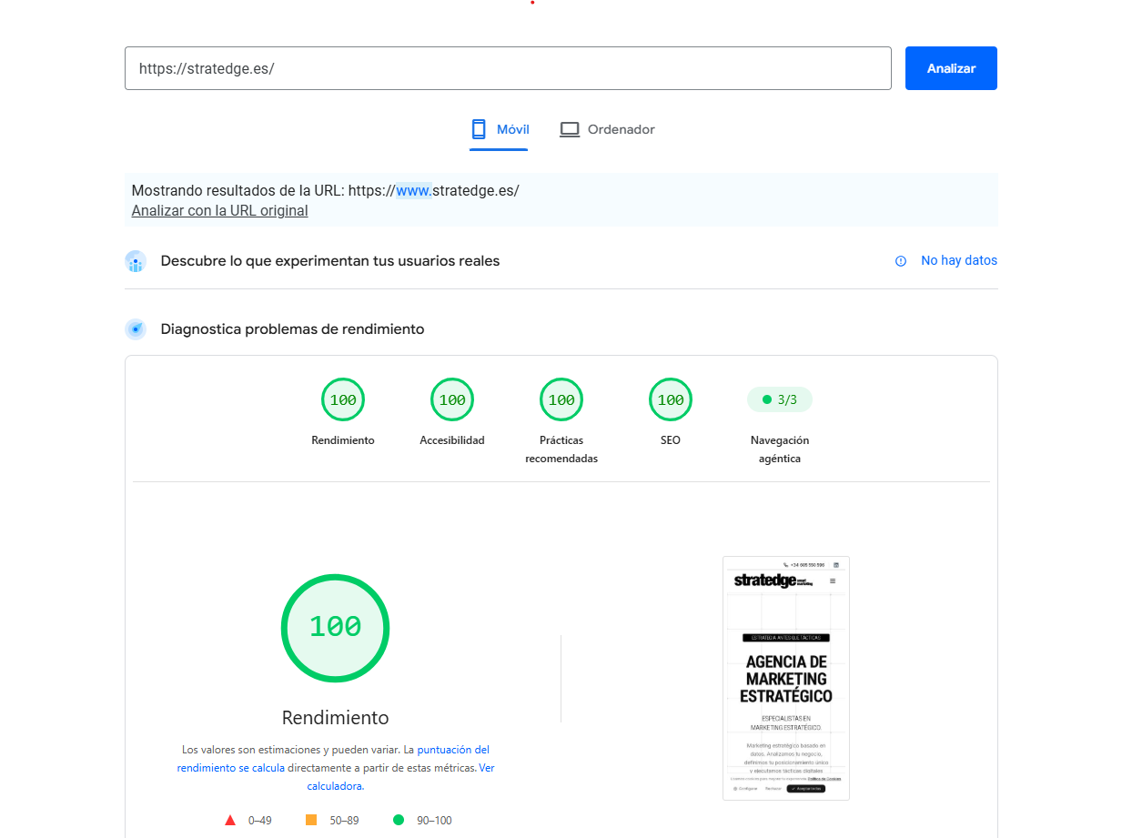 Informe de PageSpeed Insights de stratedge.es en móvil: 100/100 en Rendimiento, Accesibilidad, Buenas prácticas y SEO